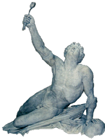 Ancient marble sculpture of a man in love reaching to heaven with a flower in his hand.